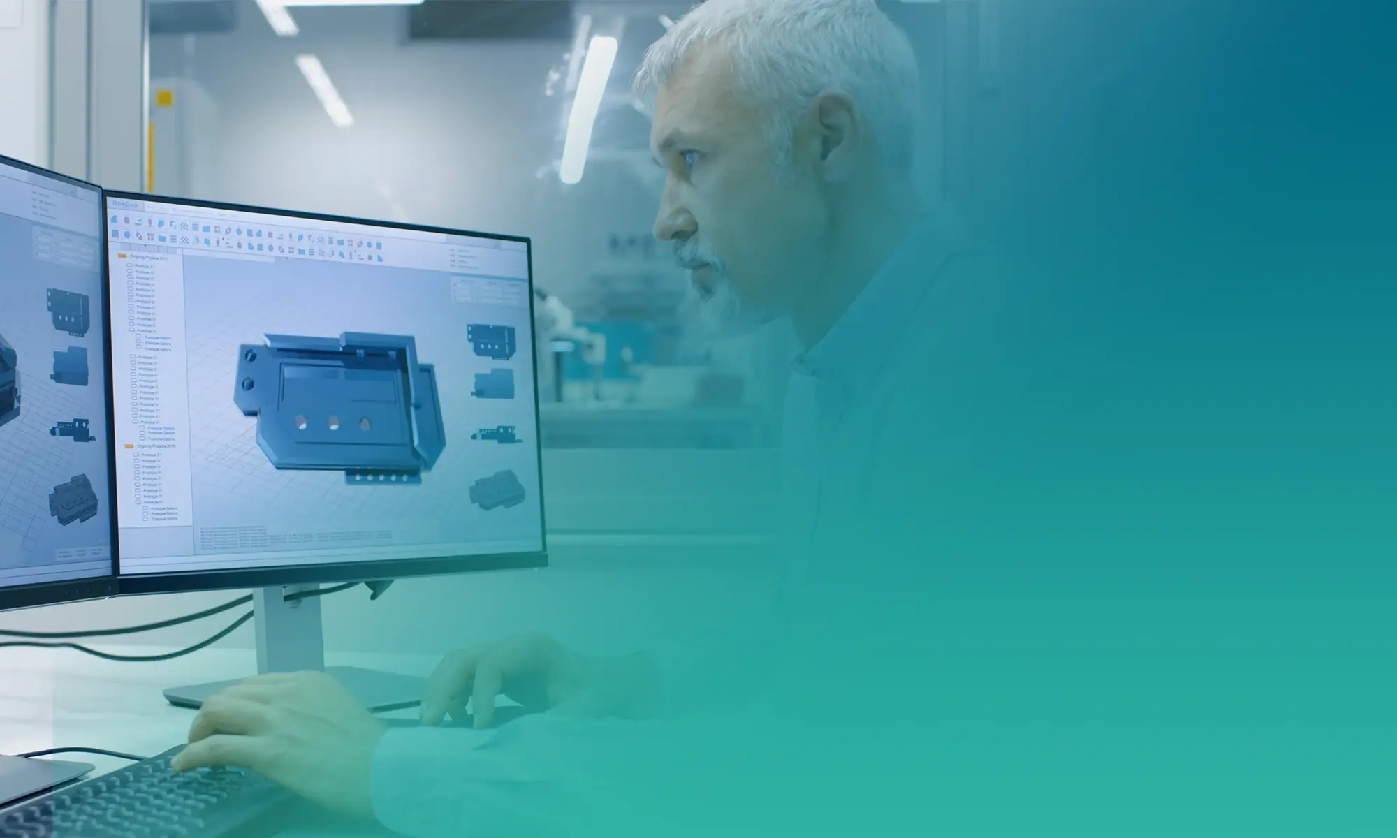 homem a olhar ecrãs CAD com peça 3D: Engenheiro a analisar modelo 3D de peça industrial em software CAD