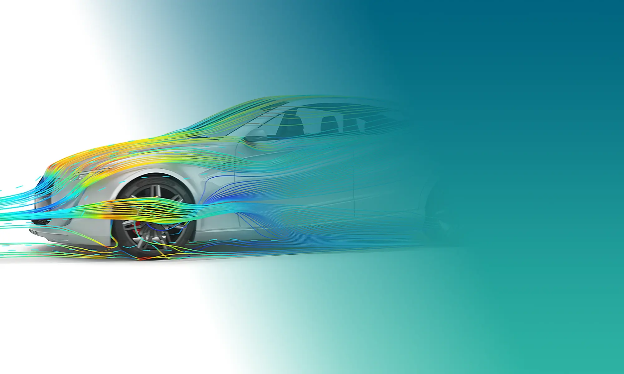 Carro com streamlines de CFD: Simulação CFD do fluxo de ar sobre um veículo durante uma análise aerodinâmica